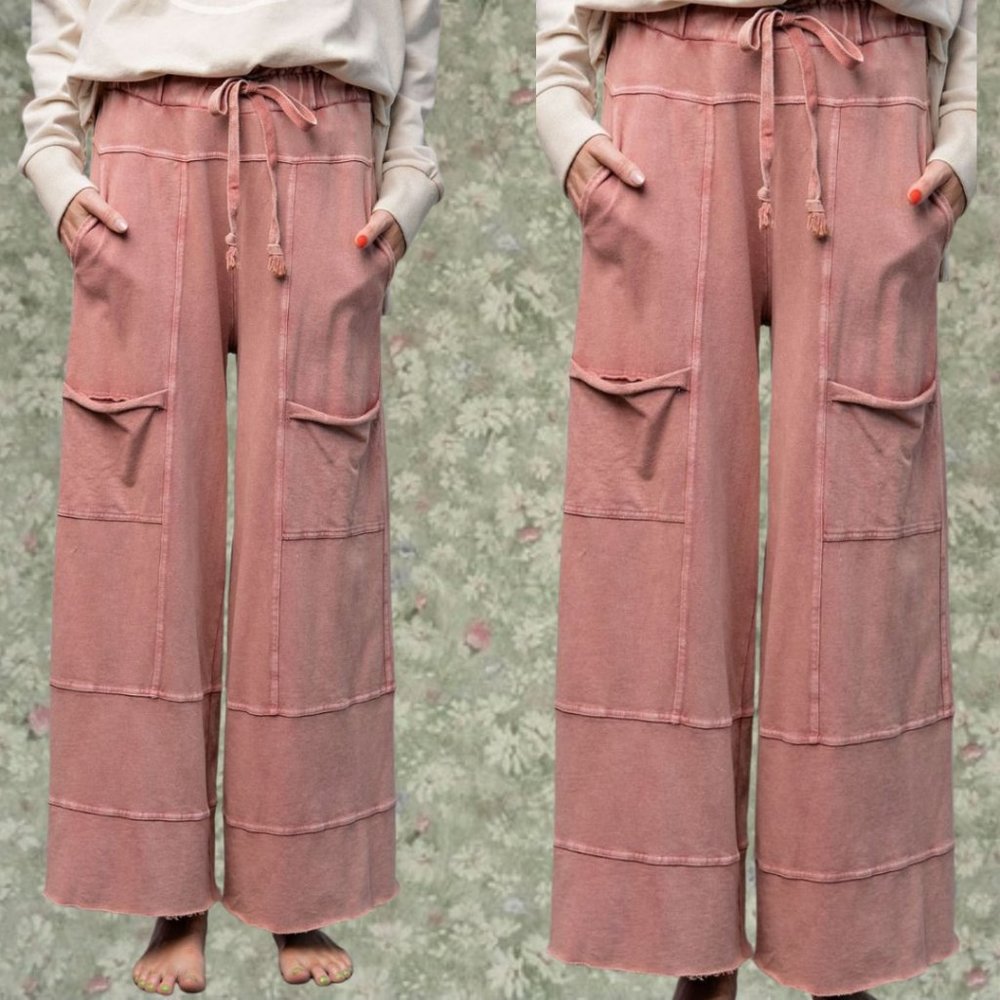 EASEL "Perfect Cargo" Terry Knit Mineral Washed Flared Leg Pants Raw Hem & Seams - Picture 12 of 14